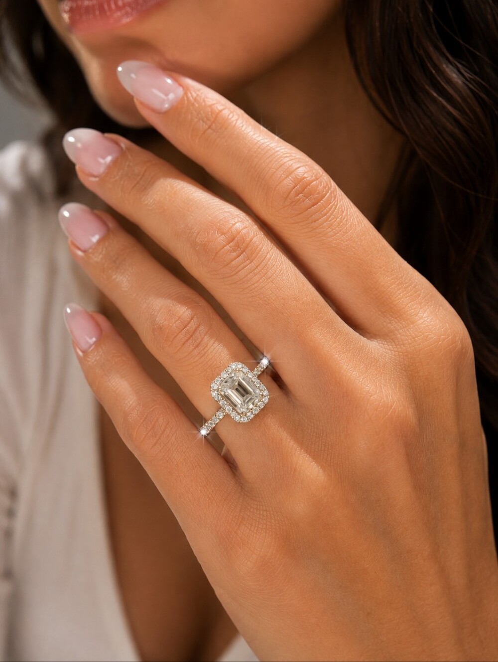 Ring Luxury Gra Emerald Radiant Rectangle Baguette Cut Halo VVS Moissanite 925 S